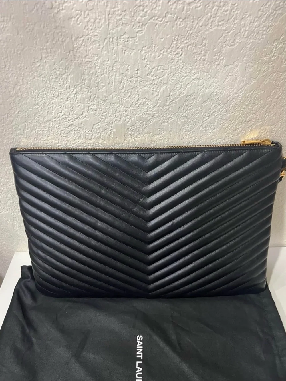 Saint Laurent Black Quilted Chevron Leather Clutch with Gold YSL